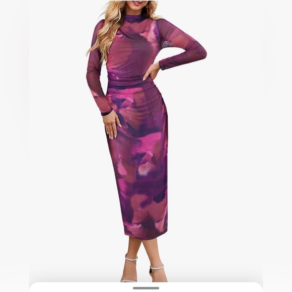Long Sleeve Tie Dye Dress Bodycon Mock Neck Mesh Ruched Cocktail Maxi Dresses - Picture 1 of 2